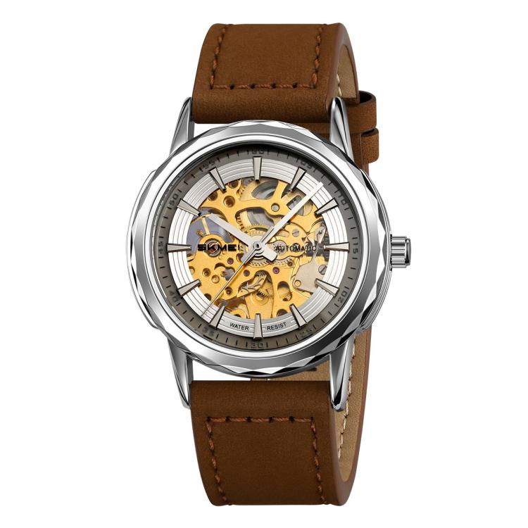 Orologio da polso meccanico automatico SKMEI M035 da uomo, scheletrato, elegante e da lavoro., Gold Stainless Steel, Silver Stainless Steel, Gold Case Black Leather Strap, Silver Case Dark Brown Leather Strap, Silver Case Light Brown Leather Strap     ...