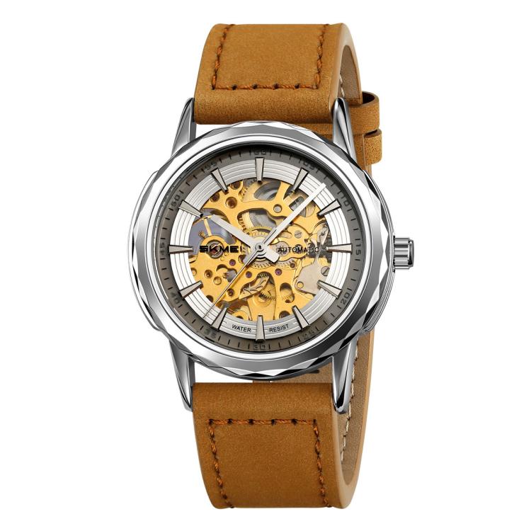 Orologio da polso meccanico automatico SKMEI M035 da uomo, scheletrato, elegante e da lavoro., Gold Stainless Steel, Silver Stainless Steel, Gold Case Black Leather Strap, Silver Case Dark Brown Leather Strap, Silver Case Light Brown Leather Strap     ...