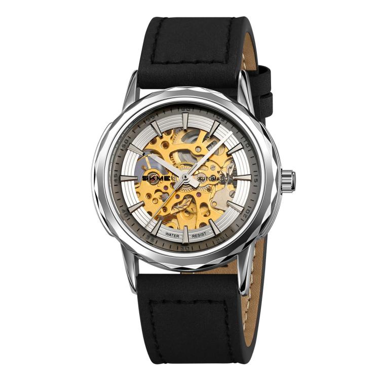 Orologio da polso meccanico automatico SKMEI M035 da uomo, scheletrato, elegante e da lavoro., Gold Stainless Steel, Silver Stainless Steel, Gold Case Black Leather Strap, Silver Case Dark Brown Leather Strap, Silver Case Light Brown Leather Strap     ...