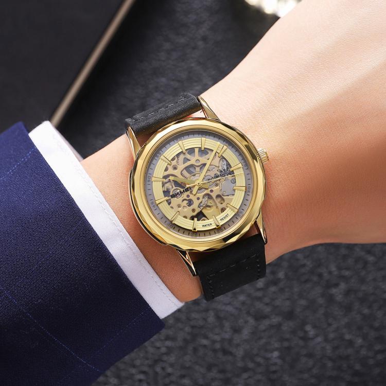 Orologio da polso meccanico automatico SKMEI M035 da uomo, scheletrato, elegante e da lavoro., Gold Stainless Steel, Silver Stainless Steel, Gold Case Black Leather Strap, Silver Case Dark Brown Leather Strap, Silver Case Light Brown Leather Strap     ...