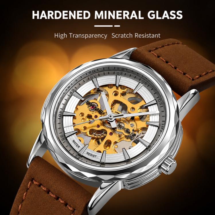Orologio da polso meccanico automatico SKMEI M035 da uomo, scheletrato, elegante e da lavoro., Gold Stainless Steel, Silver Stainless Steel, Gold Case Black Leather Strap, Silver Case Dark Brown Leather Strap, Silver Case Light Brown Leather Strap     ...