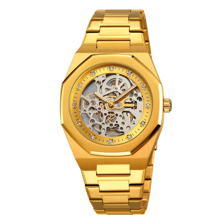 Orologio da polso meccanico automatico da uomo SKMEI M034, scheletrato, in acciaio inossidabile, ottagonale, elegante e da lavoro.