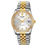 Orologio al quarzo SKMEI con diamanti, cassa in acciaio inossidabile, calendario, impermeabile, ideale per occasioni formali e di coppia., Q2538 Men Style Gold, Q2538 Men Style Silver, Q2539 Women Style Silver
