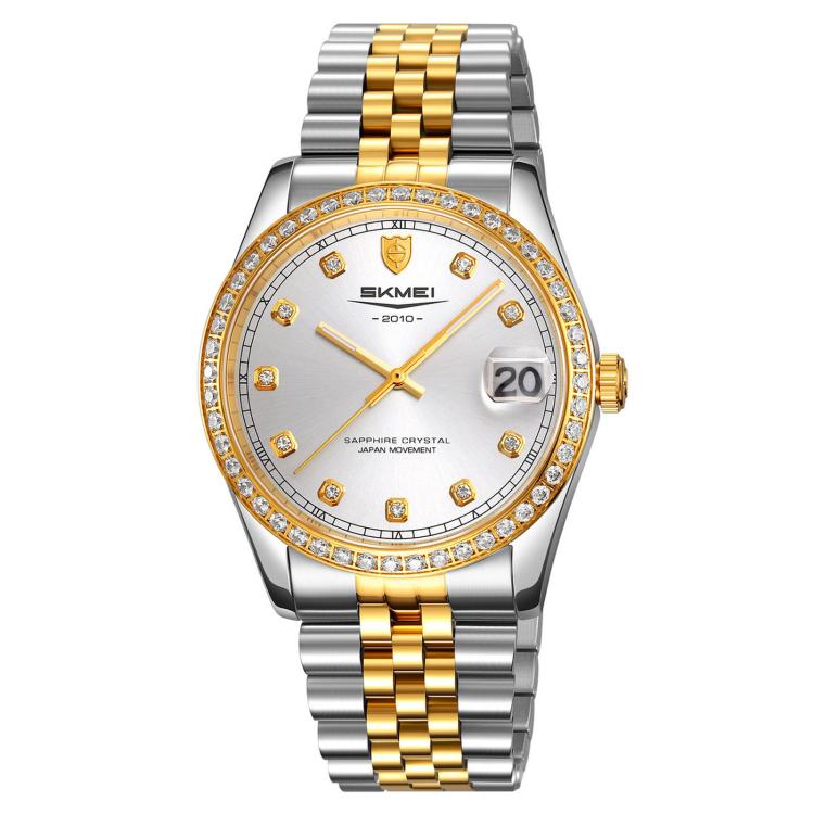 Orologio al quarzo SKMEI con diamanti, cassa in acciaio inossidabile, calendario, impermeabile, ideale per occasioni formali e di coppia., Q2538 Men Style Gold, Q2538 Men Style Silver, Q2539 Women Style Silver