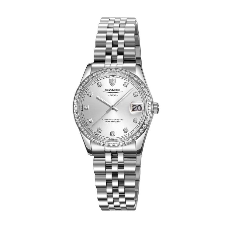 Orologio al quarzo SKMEI con diamanti, cassa in acciaio inossidabile, calendario, impermeabile, ideale per occasioni formali e di coppia., Q2538 Men Style Gold, Q2538 Men Style Silver, Q2539 Women Style Silver