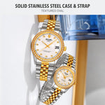 Orologio al quarzo SKMEI con diamanti, cassa in acciaio inossidabile, calendario, impermeabile, ideale per occasioni formali e di coppia., Q2538 Men Style Gold, Q2538 Men Style Silver, Q2539 Women Style Silver
