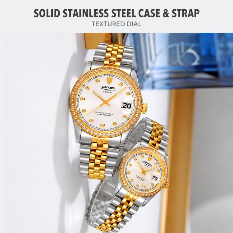 Orologio al quarzo SKMEI con diamanti, cassa in acciaio inossidabile, calendario, impermeabile, ideale per occasioni formali e di coppia., Q2538 Men Style Gold, Q2538 Men Style Silver, Q2539 Women Style Silver