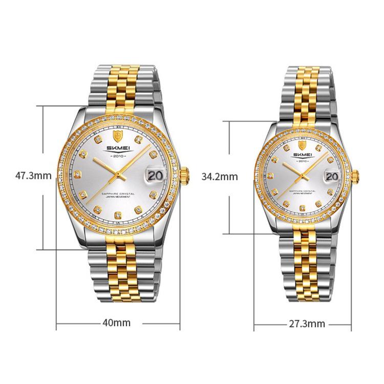 Orologio al quarzo SKMEI con diamanti, cassa in acciaio inossidabile, calendario, impermeabile, ideale per occasioni formali e di coppia., Q2538 Men Style Gold, Q2538 Men Style Silver, Q2539 Women Style Silver