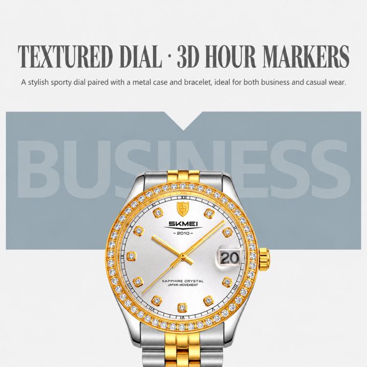 Orologio al quarzo SKMEI con diamanti, cassa in acciaio inossidabile, calendario, impermeabile, ideale per occasioni formali e di coppia., Q2538 Men Style Gold, Q2538 Men Style Silver, Q2539 Women Style Silver