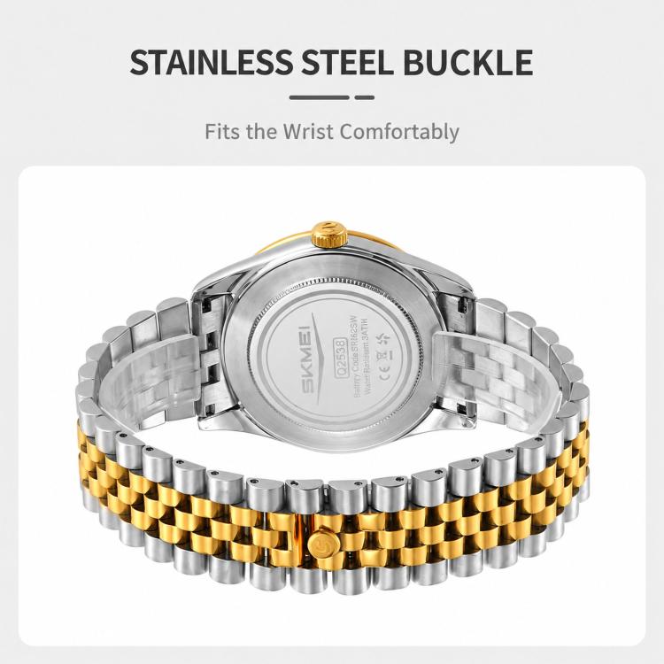 Orologio al quarzo SKMEI con diamanti, cassa in acciaio inossidabile, calendario, impermeabile, ideale per occasioni formali e di coppia., Q2538 Men Style Gold, Q2538 Men Style Silver, Q2539 Women Style Silver