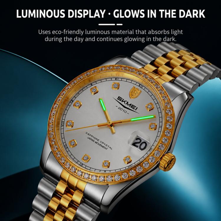 Orologio al quarzo SKMEI con diamanti, cassa in acciaio inossidabile, calendario, impermeabile, ideale per occasioni formali e di coppia., Q2538 Men Style Gold, Q2538 Men Style Silver, Q2539 Women Style Silver