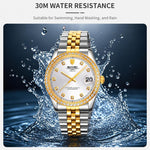 Orologio al quarzo SKMEI con diamanti, cassa in acciaio inossidabile, calendario, impermeabile, ideale per occasioni formali e di coppia., Q2538 Men Style Gold, Q2538 Men Style Silver, Q2539 Women Style Silver