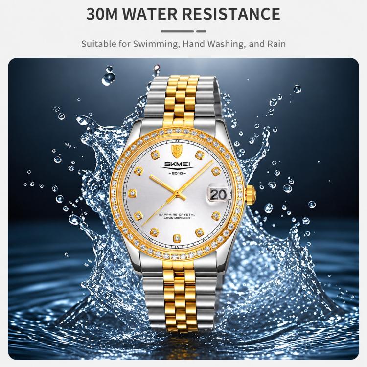 Orologio al quarzo SKMEI con diamanti, cassa in acciaio inossidabile, calendario, impermeabile, ideale per occasioni formali e di coppia., Q2538 Men Style Gold, Q2538 Men Style Silver, Q2539 Women Style Silver