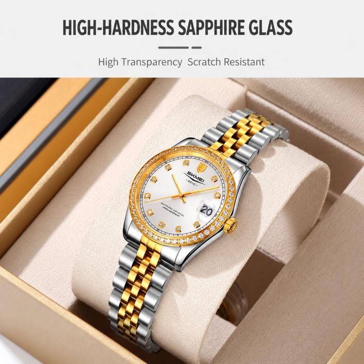 Orologio al quarzo SKMEI con diamanti, cassa in acciaio inossidabile, calendario, impermeabile, ideale per occasioni formali e di coppia., Q2538 Men Style Gold, Q2538 Men Style Silver, Q2539 Women Style Silver