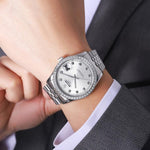 Orologio al quarzo SKMEI con diamanti, cassa in acciaio inossidabile, calendario, impermeabile, ideale per occasioni formali e di coppia., Q2538 Men Style Gold, Q2538 Men Style Silver, Q2539 Women Style Silver