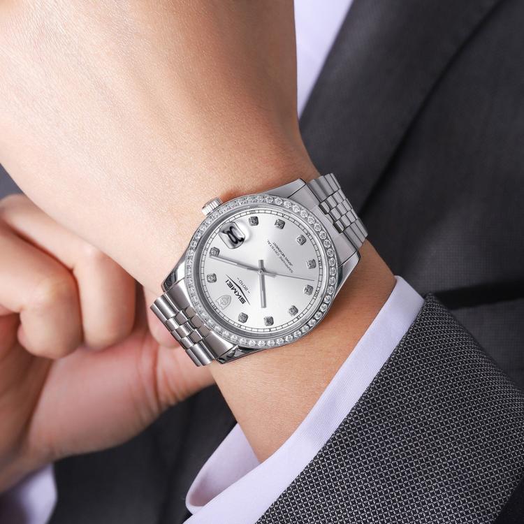 Orologio al quarzo SKMEI con diamanti, cassa in acciaio inossidabile, calendario, impermeabile, ideale per occasioni formali e di coppia., Q2538 Men Style Gold, Q2538 Men Style Silver, Q2539 Women Style Silver