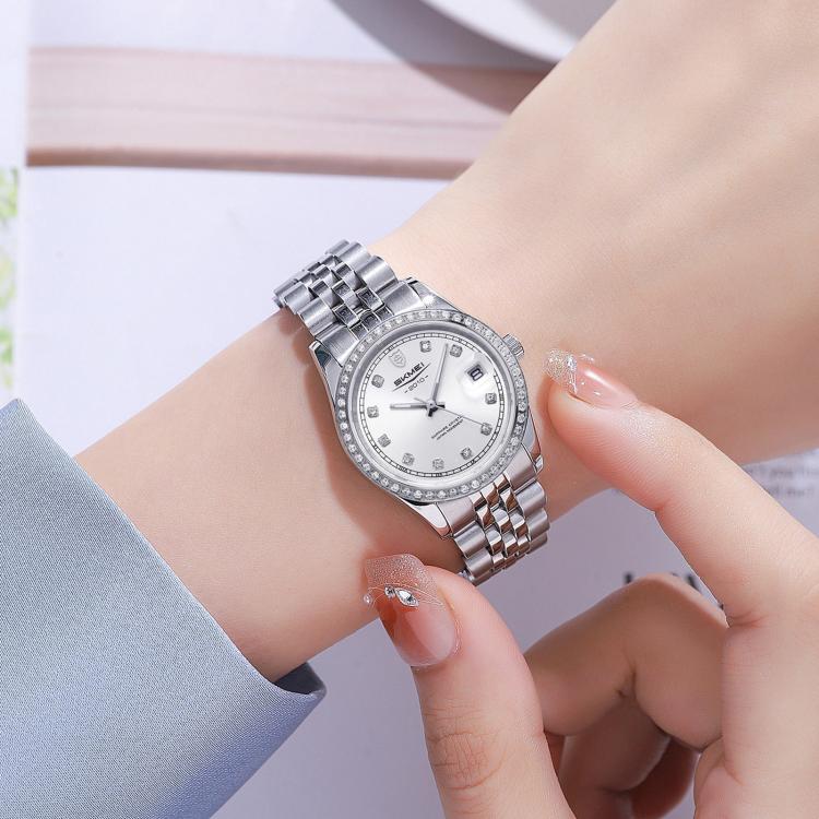Orologio al quarzo SKMEI con diamanti, cassa in acciaio inossidabile, calendario, impermeabile, ideale per occasioni formali e di coppia., Q2538 Men Style Gold, Q2538 Men Style Silver, Q2539 Women Style Silver