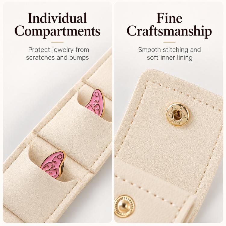 Mini pochette da viaggio a 4 scomparti per gioielli, pieghevole, per anelli e orecchini, con chiusura a bottone automatico.