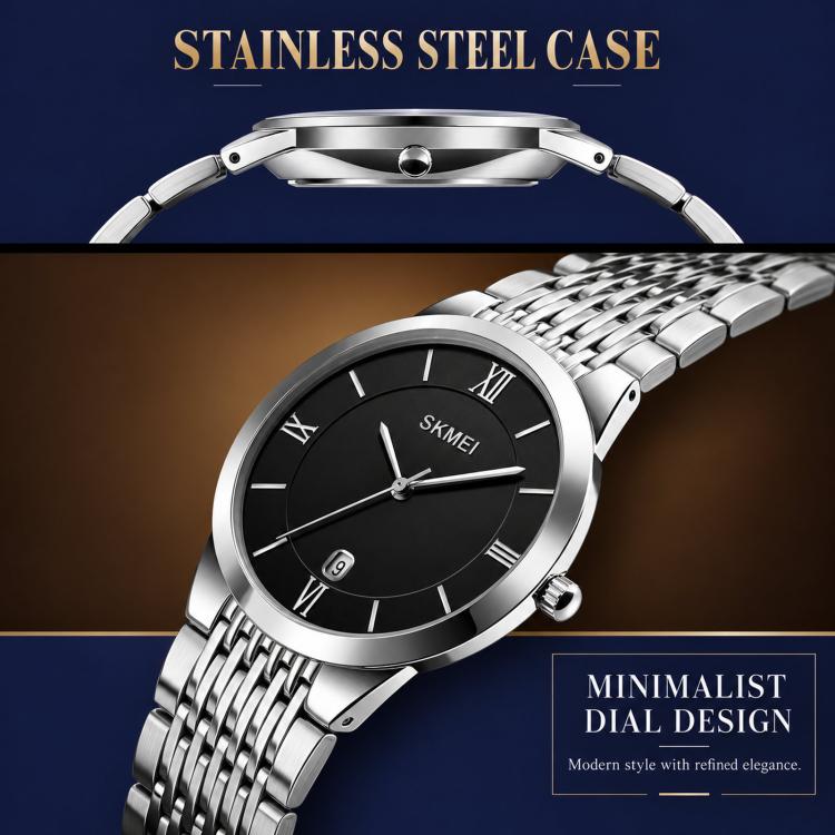 Orologio da polso SKMEI Ultra Thin Couple al quarzo, in acciaio inossidabile, impermeabile fino a 30 metri, con datario.