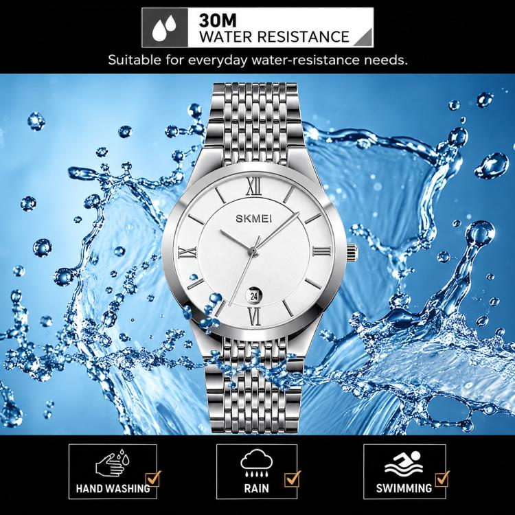 Orologio da polso SKMEI Ultra Thin Couple al quarzo, in acciaio inossidabile, impermeabile fino a 30 metri, con datario.