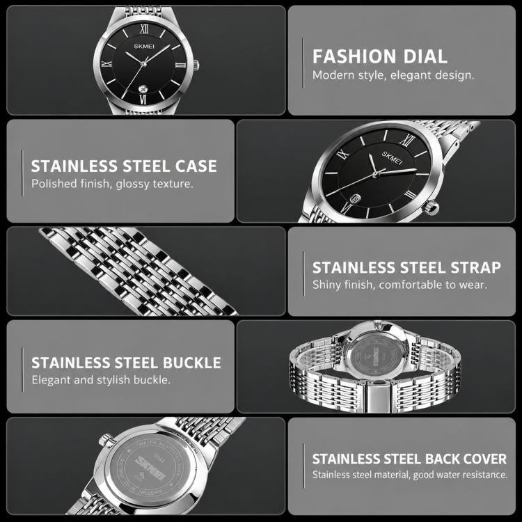 Orologio da polso SKMEI Ultra Thin Couple al quarzo, in acciaio inossidabile, impermeabile fino a 30 metri, con datario.