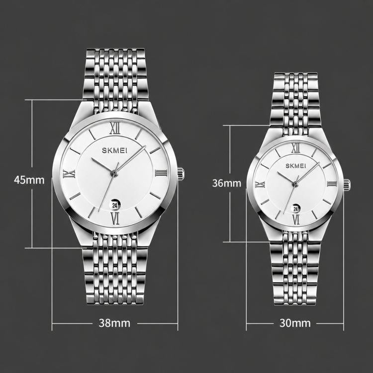 Orologio da polso SKMEI Ultra Thin Couple al quarzo, in acciaio inossidabile, impermeabile fino a 30 metri, con datario.