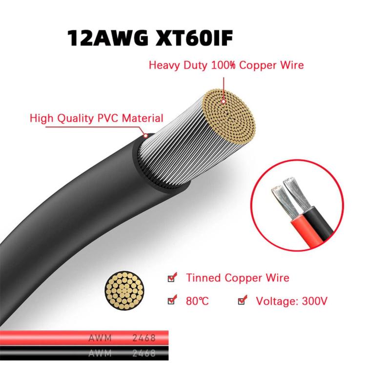 Cavo di prolunga XT60 femmina-femmina in rame puro per il collegamento di dispositivi di accumulo di energia mobile., 0.61m, 0.91m, 1.83m, 2.74m, 3.66m, 4.57m, 6.1m, 9.15m, 12.1m, 15.2m