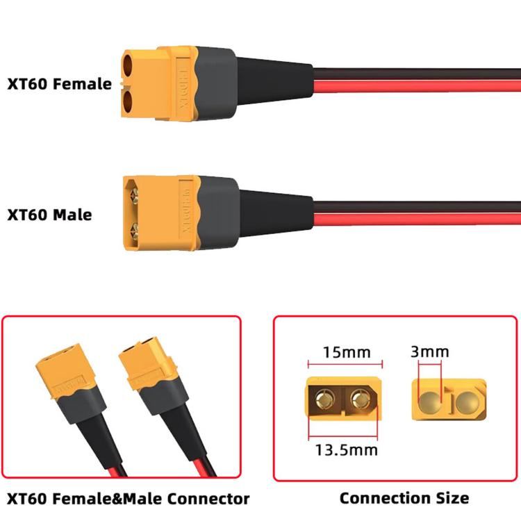 Cavo di prolunga XT60 maschio-maschio 30A per sistemi di accumulo di energia mobile, 0.61m, 0.91m, 1.83m, 2.74m, 3.66m, 4.57m, 6.1m, 9.15m, 12.1m, 15.2m, 18.3m, 24.2m