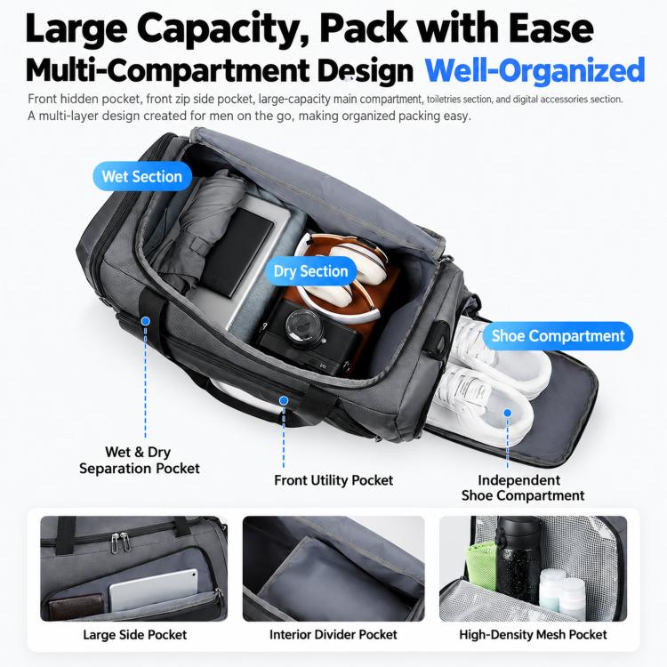 REMOID T17 Borsa sportiva da palestra di grandi dimensioni, borsa da viaggio con scomparto per scarpe, tasca impermeabile, zaino.