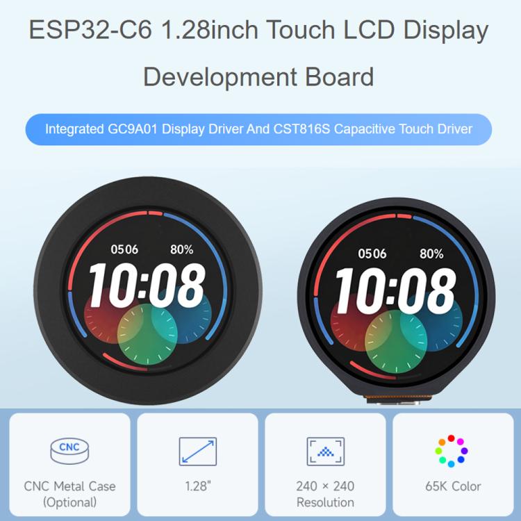 Scheda di sviluppo Waveshare ESP32-C6 con display LCD touch da 1,28 pollici, risoluzione 240 × 240, 65.000 colori, Without Metal Case, With Metal Case