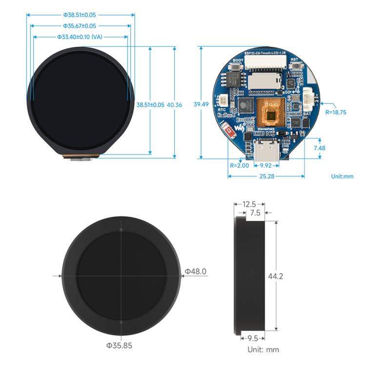 Scheda di sviluppo Waveshare ESP32-C6 con display LCD touch da 1,28 pollici, risoluzione 240 × 240, 65.000 colori, Without Metal Case, With Metal Case