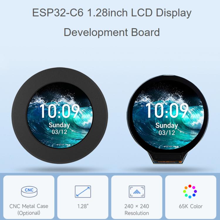 Scheda di sviluppo Waveshare ESP32-C6 con display LCD da 1,28 pollici, risoluzione 240 × 240, 65.000 colori, Without Case, With Metal Case