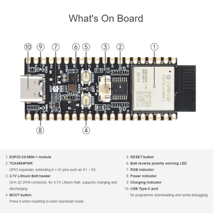 Scheda di sviluppo Waveshare ESP32-C5 Dual-Band Wi-Fi 6 con processore single-core a 240 MHz, Without Pinheader, With Pinheader