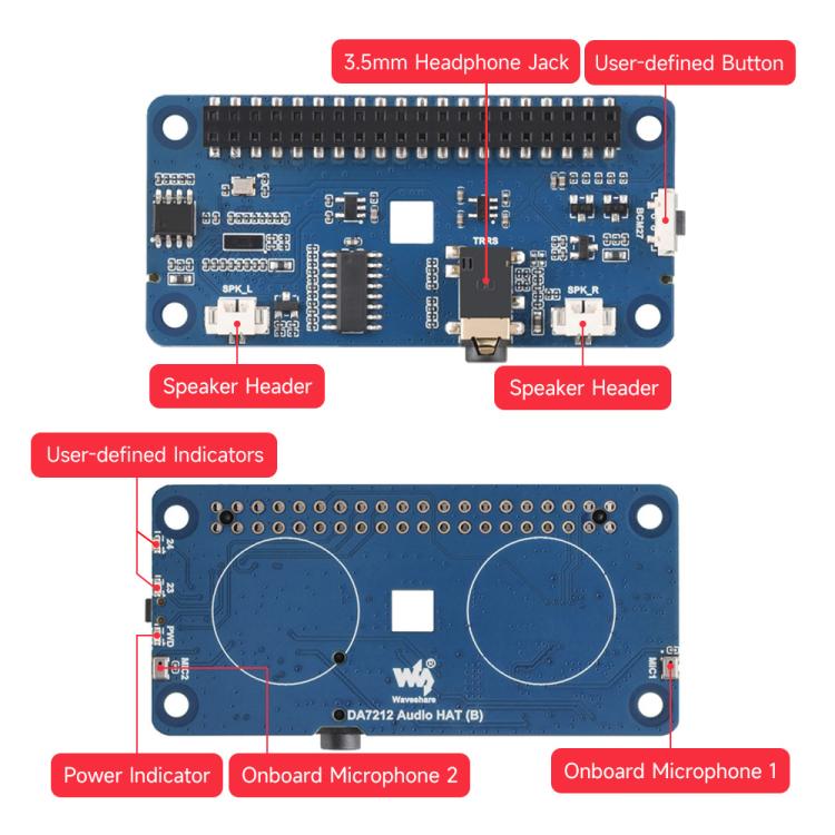 Waveshare DA7212 HAT audio I2S di tipo B per Raspberry Pi, connettori per altoparlanti integrati e chip EEPROM.