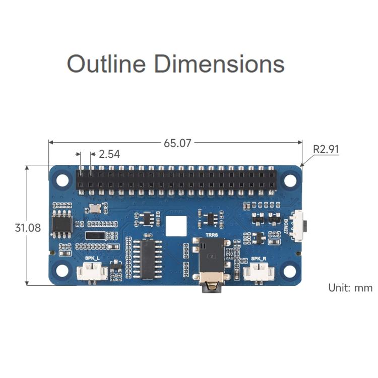 Waveshare DA7212 HAT audio I2S di tipo B per Raspberry Pi, connettori per altoparlanti integrati e chip EEPROM.
