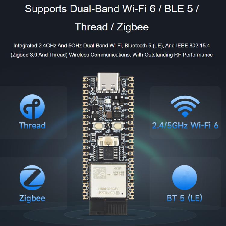 Scheda di sviluppo Wi-Fi 6 dual-band Waveshare ESP32-C5 con antenna FPC esterna, Without Pinheader, With Pinheader