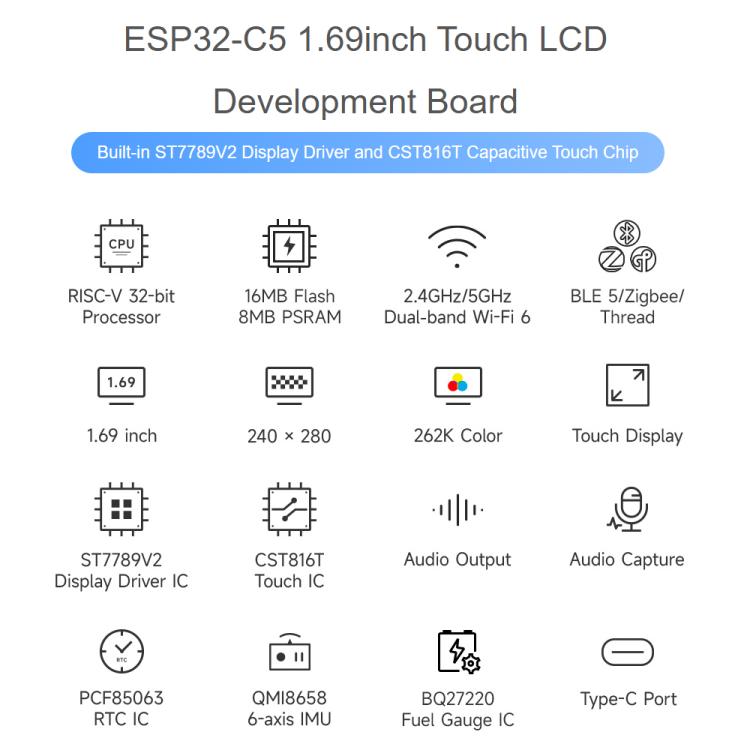 Scheda di sviluppo Waveshare ESP32-C5 con display LCD touch da 1,69 pollici, risoluzione 240 × 280 pixel, supporto per interazione vocale AI., Without Lithium Batt
