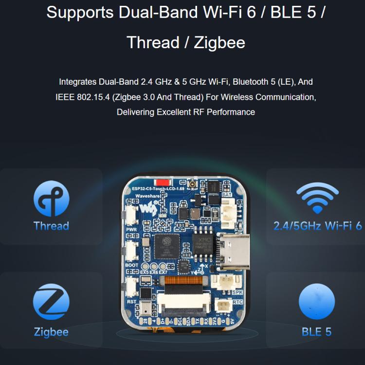 Scheda di sviluppo Waveshare ESP32-C5 con display LCD touch da 1,69 pollici, risoluzione 240 × 280 pixel, supporto per interazione vocale AI., Without Lithium Batt
