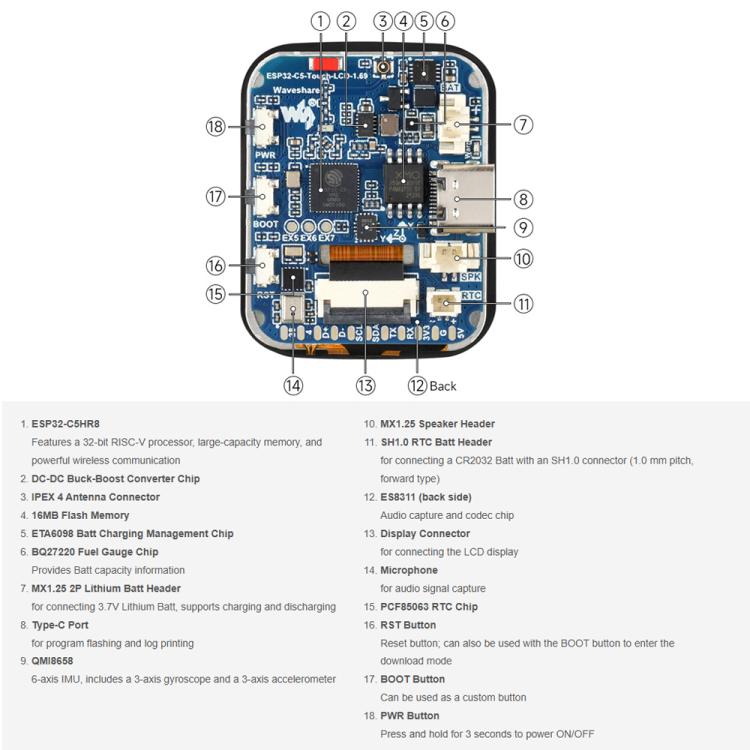 Scheda di sviluppo Waveshare ESP32-C5 con display LCD touch da 1,69 pollici, risoluzione 240 × 280 pixel, supporto per interazione vocale AI., Without Lithium Batt