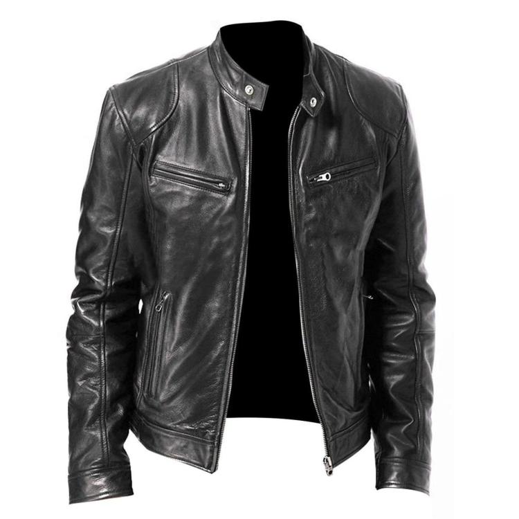 Giacca invernale da moto in PU con multitasche, collo alto e cerniera., XL, 2XL