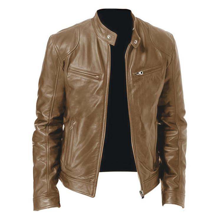 Giacca invernale da moto in PU con multitasche, collo alto e cerniera., 3XL, 4XL