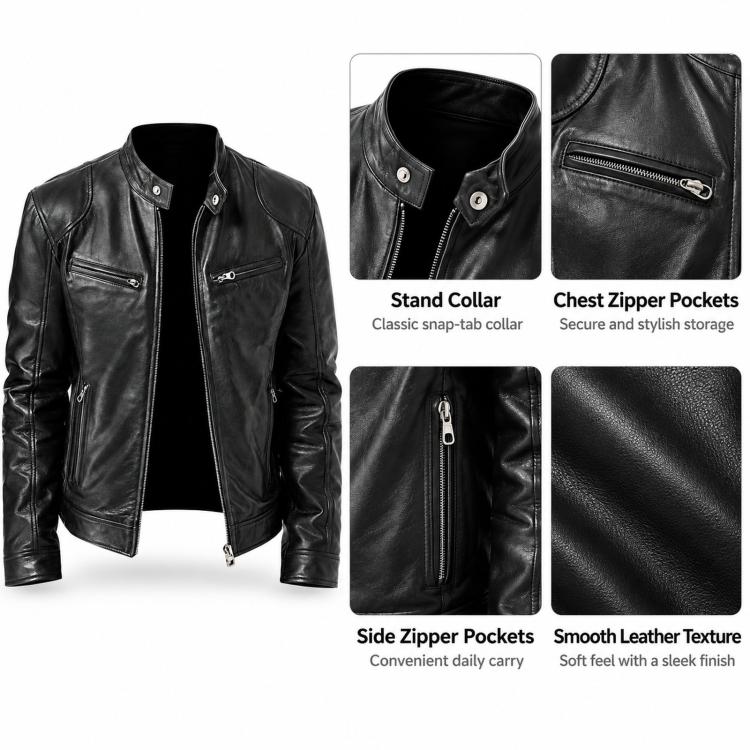 Giacca invernale da moto in PU con multitasche, collo alto e cerniera., 3XL, 4XL