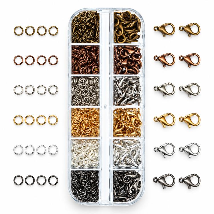 Kit di minuteria per bigiotteria (972 pezzi/scatola): set con chiusure a moschettone da 12 mm e anellini aperti da 5 mm