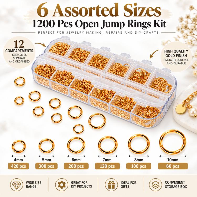 Kit di anelli di congiunzione aperti per gioielli, 1200 pezzi/scatola, 6 misure assortite: 4 mm, 5 mm, 6 mm, 7 mm, 8 mm, 10 mm.