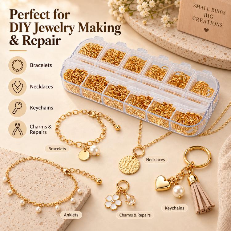 Kit di anelli di congiunzione aperti per gioielli, 1200 pezzi/scatola, 6 misure assortite: 4 mm, 5 mm, 6 mm, 7 mm, 8 mm, 10 mm.