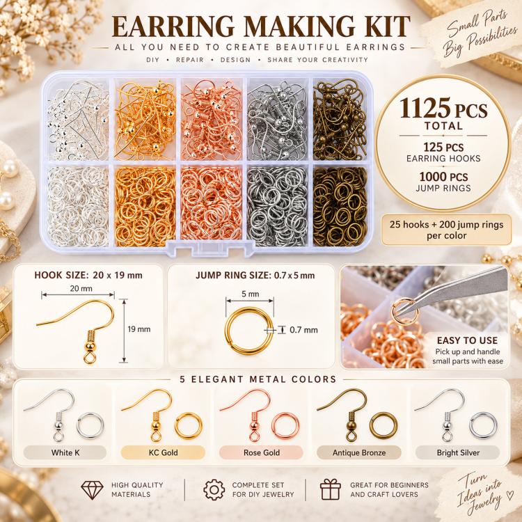 Kit per la creazione di orecchini da 1125 pezzi/scatola, con ganci e anellini, accessori per la creazione di gioielli fai da te., Without Tool, With Tool