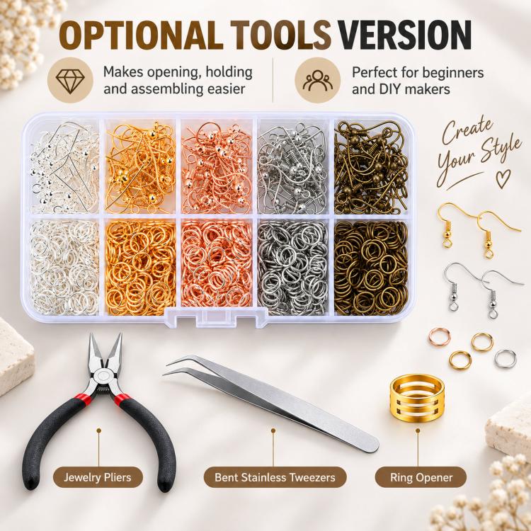 Kit per la creazione di orecchini da 1125 pezzi/scatola, con ganci e anellini, accessori per la creazione di gioielli fai da te., Without Tool, With Tool