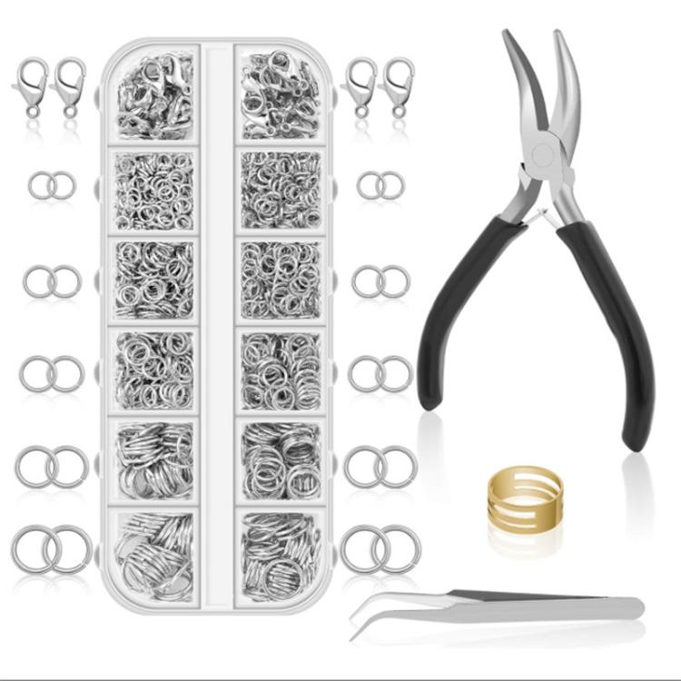 Kit per la creazione di gioielli (1040 pezzi/scatola): 40 chiusure a moschettone e 1000 anellini di giunzione in 5 misure (4 mm - 10 mm), With Tool K-White++Gold, Without Tool K-white Gold, With Tool K-White, Without Tool K-white