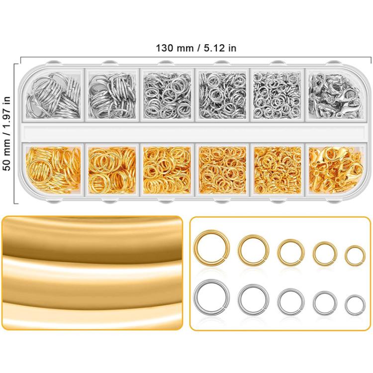 Kit per la creazione di gioielli (1040 pezzi/scatola): 40 chiusure a moschettone e 1000 anellini di giunzione in 5 misure (4 mm - 10 mm), With Tool K-White++Gold, Without Tool K-white Gold, With Tool K-White, Without Tool K-white