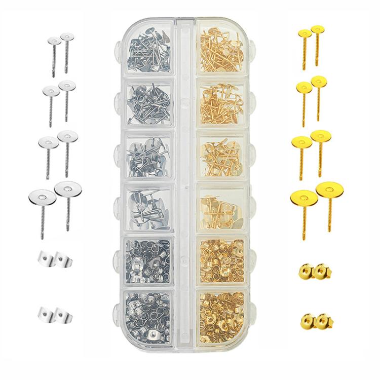 Kit da 400 pezzi (perni e chiusure per orecchini): 200 perni a perno piatto in 4 misure (4-8 mm) e 200 chiusure a farfalla.